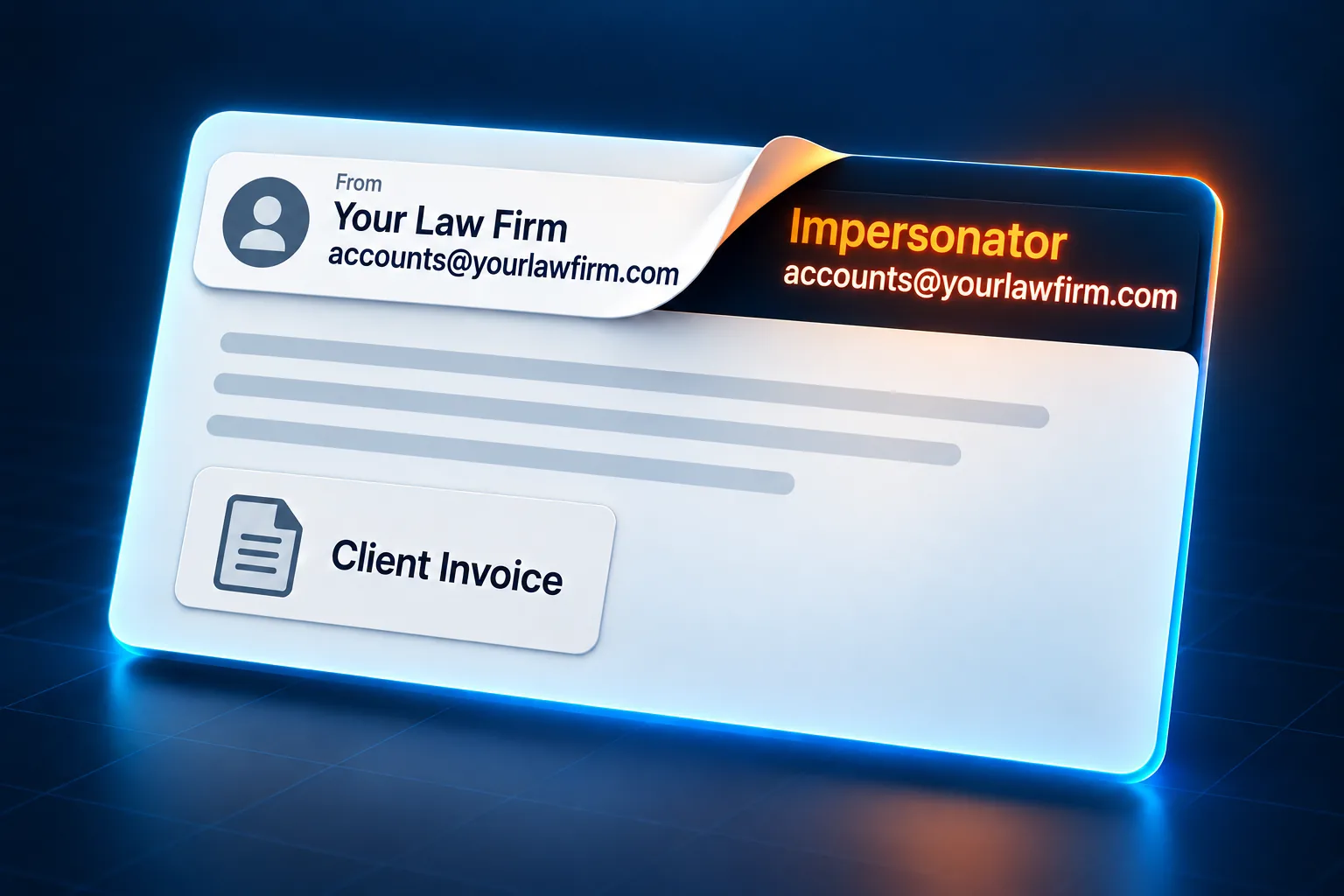 Illustration of an email that appears to come from Your Law Firm with a client invoice attached. The peeled-back sender label reveals an impersonator using the same address.