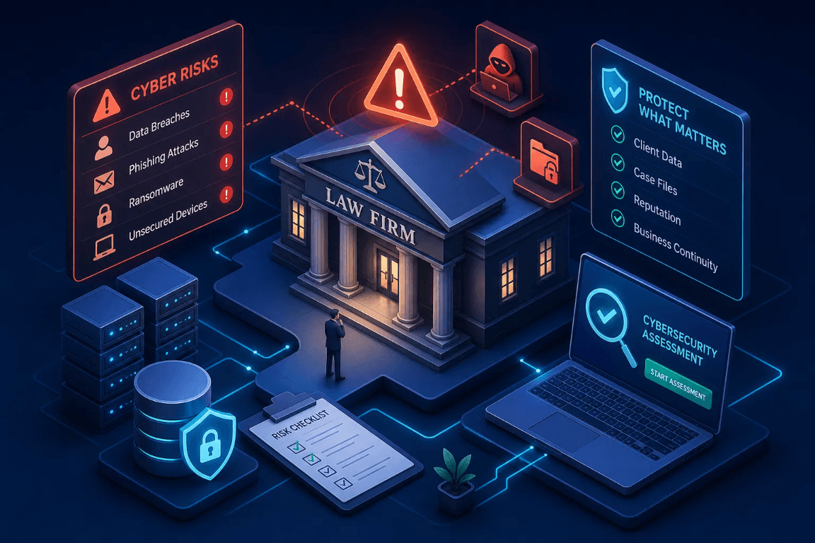 Illustration of a law firm surrounded by cyber-risk indicators, a security checklist, and an assessment dashboard.