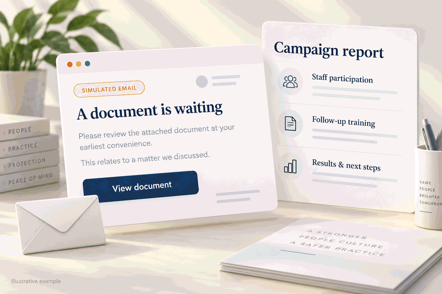 Illustrative phishing simulation email beside a campaign report showing staff participation, follow-up training, and next steps.