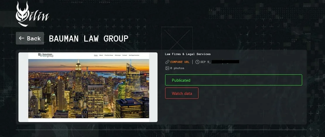 Attacker-controlled listing showing Bauman Law Group with a published status