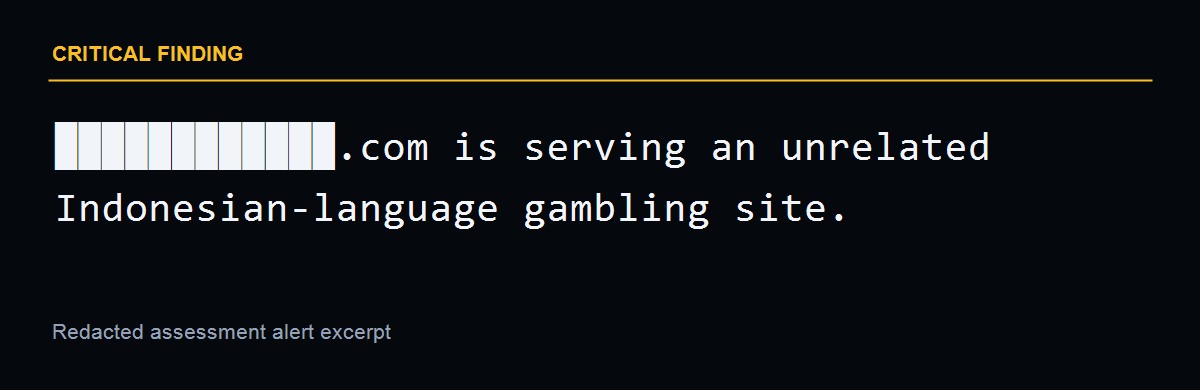Redacted assessment alert flagging a subdomain serving unrelated Indonesian-language gambling content