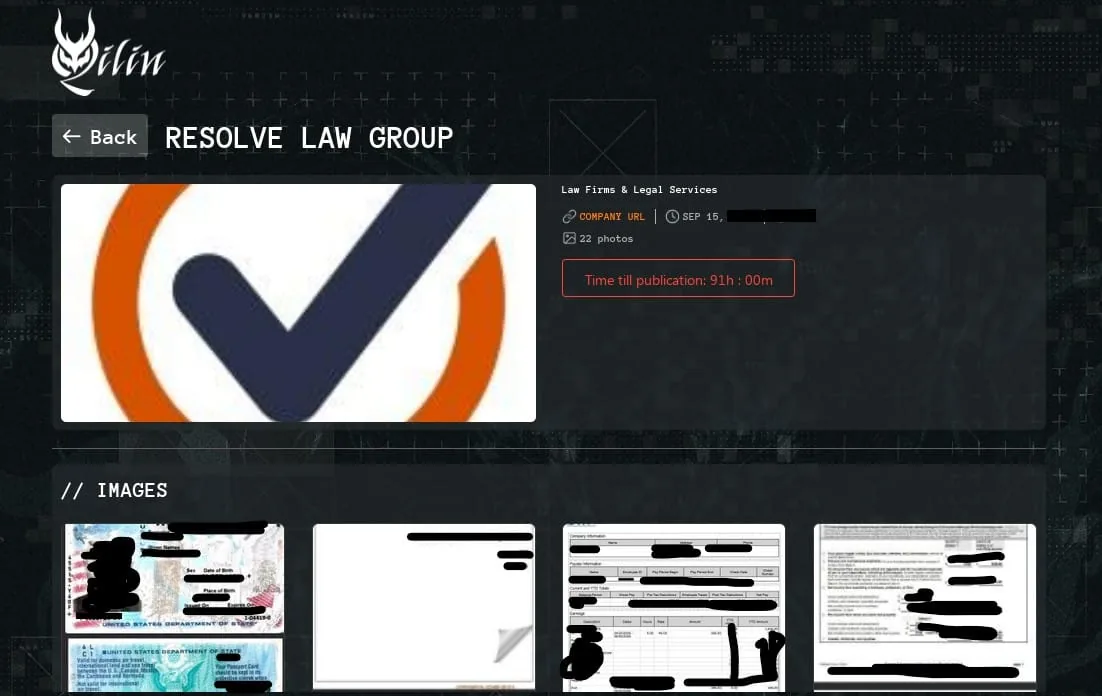 Attacker-controlled listing showing Resolve Law Group with a publication countdown